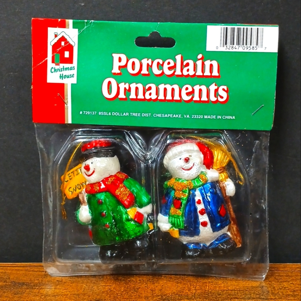 Vintage Porcelain Snowman Christmas Ornaments 2-pack, High Gloss